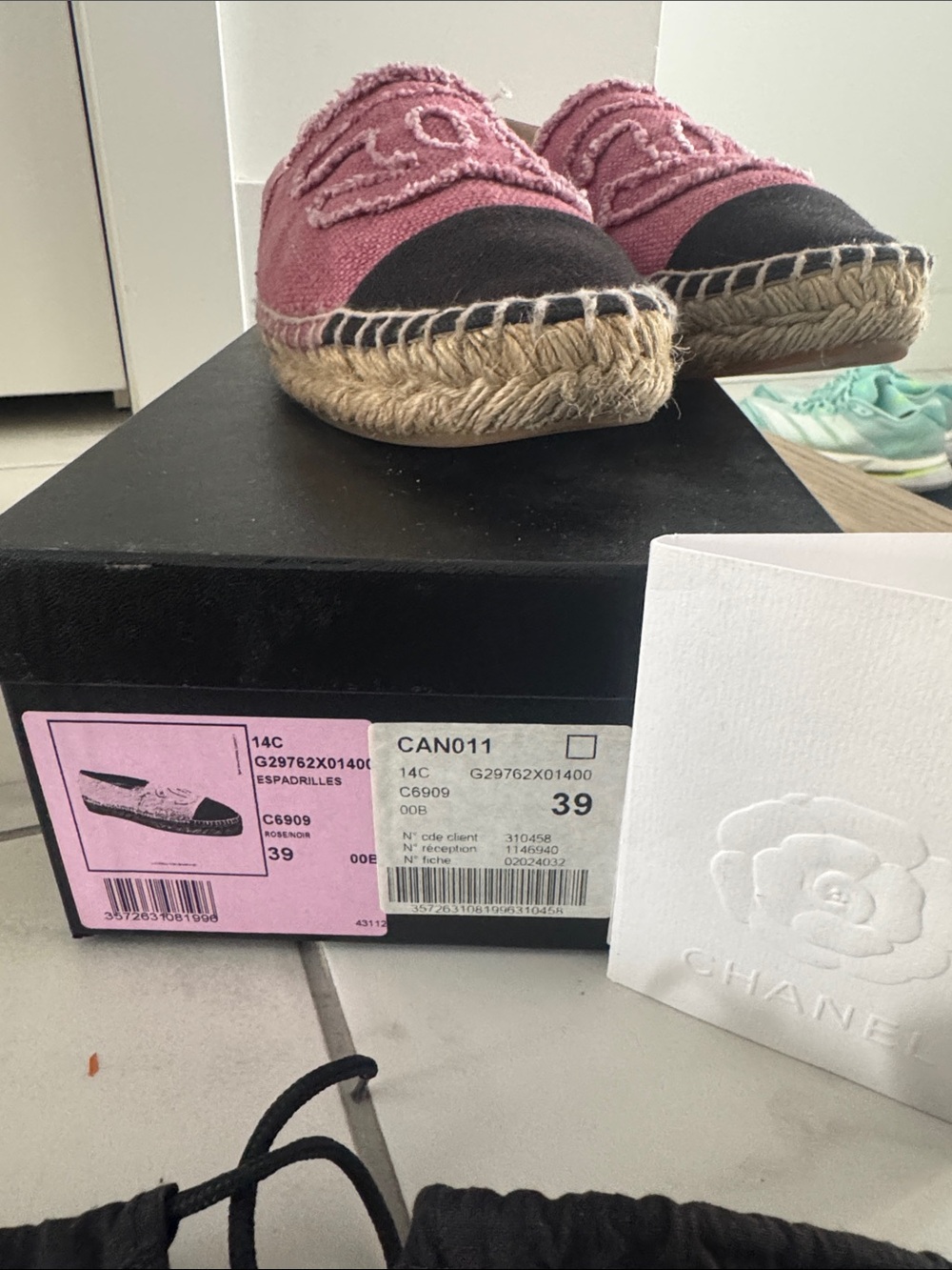 Authentic CHANEL Pink Espadrilles with Black Cap Toe and Embroidered CC - Picture 6 of 7